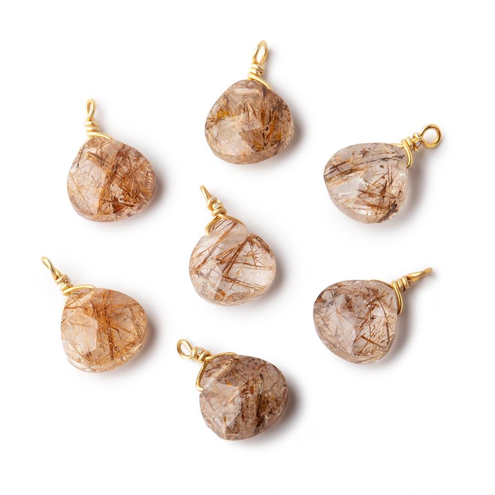 8mm Vermeil Wire Wrapped Rutilated Quartz Faceted Heart 1 Focal Pendant (ONLINE ORDER ONLY)