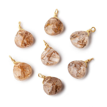 8mm Vermeil Wire Wrapped Rutilated Quartz Faceted Heart 1 Focal Pendant (ONLINE ORDER ONLY)