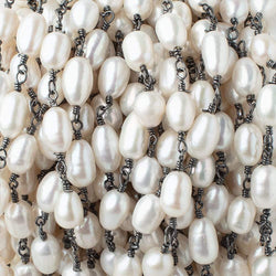 8x6-11x6mm White Oval Pearls on Black Gold .925 Chain by the Foot 18 pieces (ONLINE ORDER ONLY)