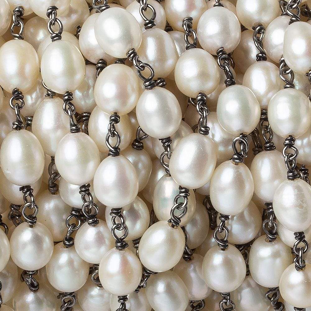 8x6mm Off White Oval Pearl Black Gold .925 Silver Chain by the foot 22 pieces (ONLINE ORDER ONLY)