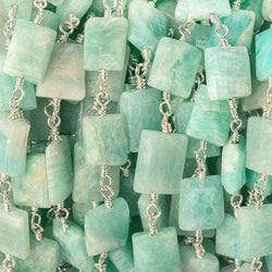 8x7mm - 11x7mm Matte Amazonite Bevel Faceted Rectangle Silver plated Chain (ONLINE ORDER ONLY)