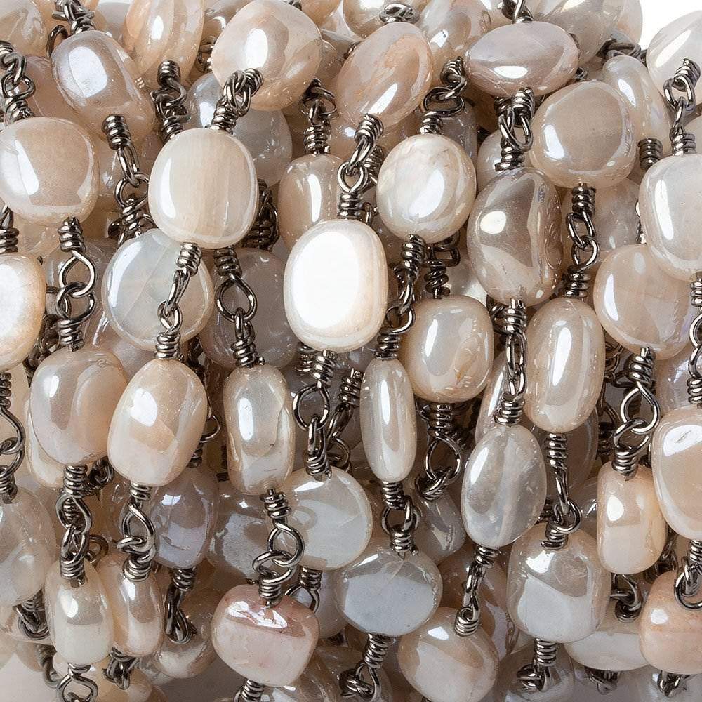 8x8-10x8mm Mystic Grey Moonstone plain nugget Black Gold plated Chain by the foot (ONLINE ORDER ONLY)