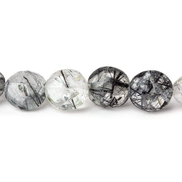 9-9.5mm Black Tourmalinated Quartz Faceted Coin 8 inch 24 beads A (ONLINE ORDER ONLY)