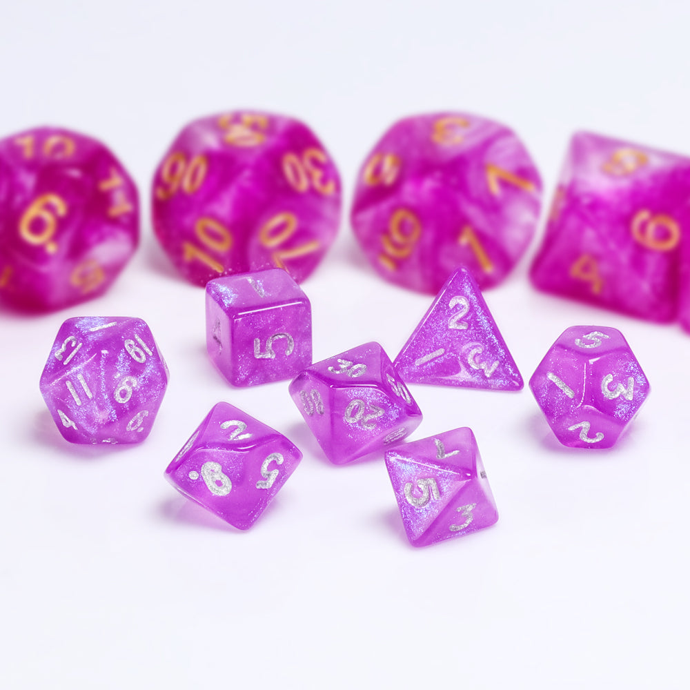 Glitter Pink 7-Dice Mini-Dice RPG Set w/Silver Numbers Miniature Dice (Online Only)
