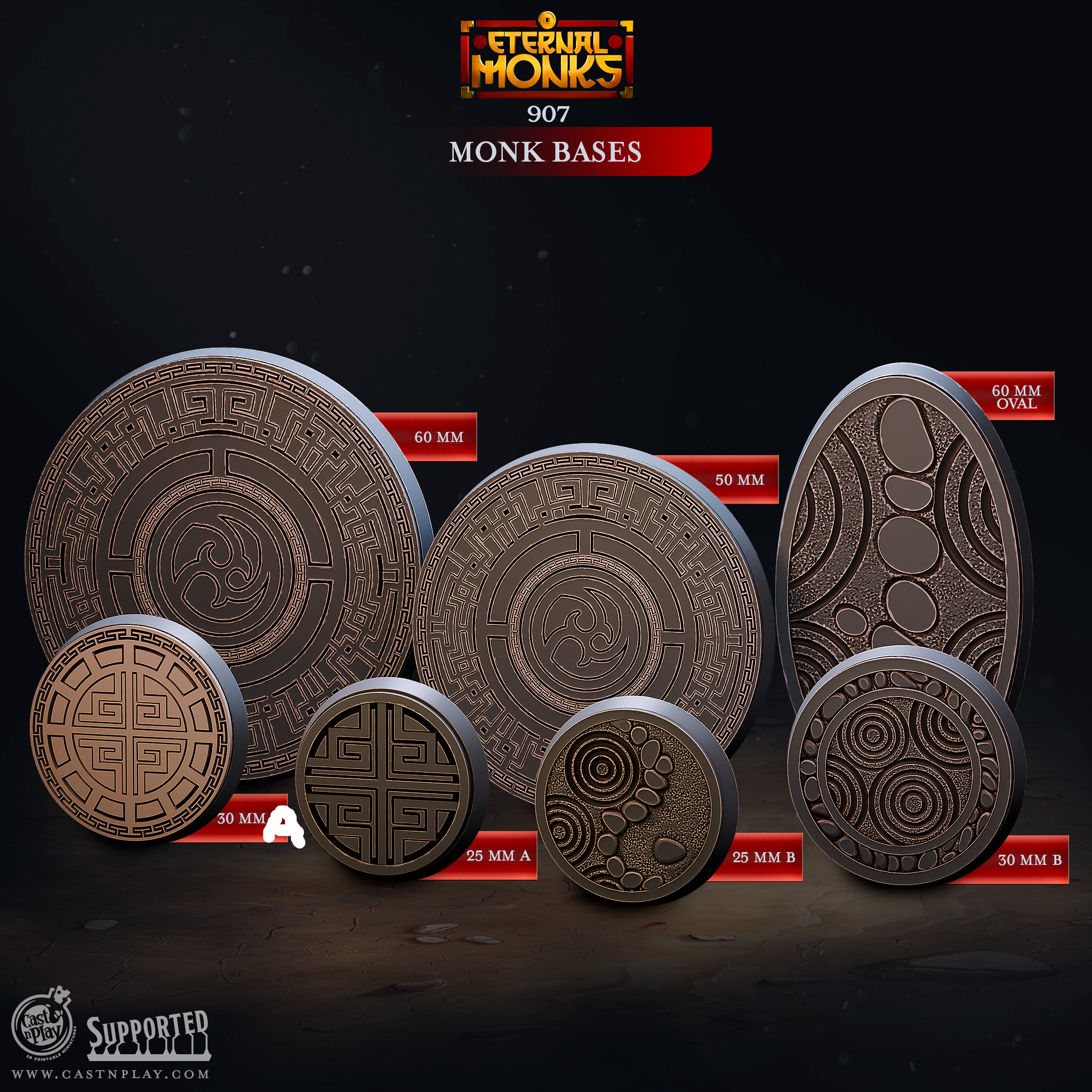 3D Printed Cast n Play Monk Bases Eternal Monks Set 28mm 32mm D&D (Online Only)