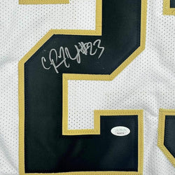 Framed Autographed/Signed Pierre Thomas 35x39 New Orleans White Football Jersey JSA COA