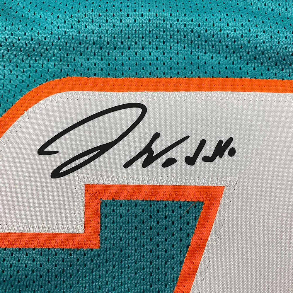 Framed Facsimile Autographed Jaylen Waddle 35x39 Miami Teal Reprint Laser Auto Football Jersey (ONLINE ORDER ONLY)