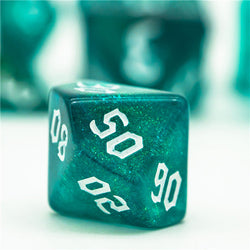Blue-Green Glitter Party Dice (White font) 7-Dice Set RPG DND (Online Only)