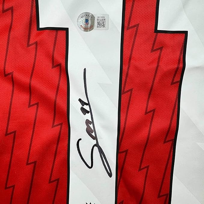 Framed Autographed/Signed Gabriel Martinelli 35x39 Arsenal Red Soccer Jersey Beckett BAS COA