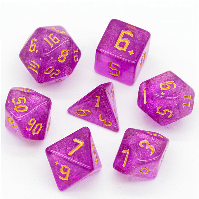 Violet Glitter Party Glitter Dice (Gold font) 7-Dice Set RPG DND (Online Only)