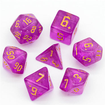 Violet Glitter Party Glitter Dice (Gold font) 7-Dice Set RPG DND (Online Only)
