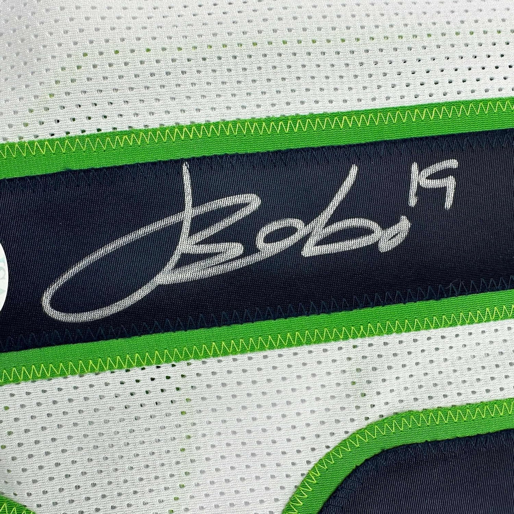 Framed Autographed/Signed Jake Bobo 35x39 Seattle White Football Jersey JSA COA (ONLINE ORDER ONLY)