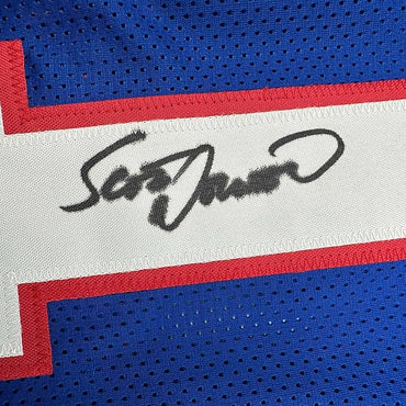 Framed Autographed/Signed Scott Norwood 35x39 Buffalo Blue Football Jersey Beckett BAS COA (ONLINE ORDER ONLY)