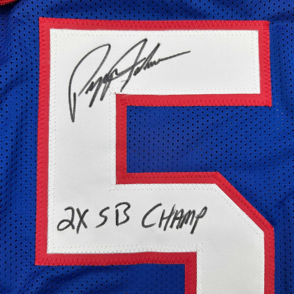 Framed Autographed/Signed Pepper Johnson 2x SB Champ 35x39 New York Blue Football Jersey Beckett BAS COA (ONLINE ORDER ONLY)
