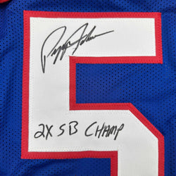 Framed Autographed/Signed Pepper Johnson 2x SB Champ 35x39 New York Blue Football Jersey Beckett BAS COA (ONLINE ORDER ONLY)