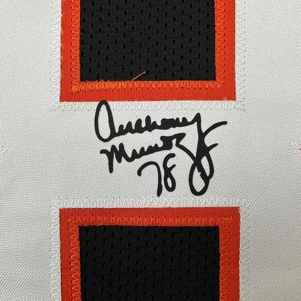 Framed Facsimile Autographed Anthony Munoz 35x39 Cincinnati Black Reprint Laser Auto Football Jersey (ONLINE ORDER ONLY)