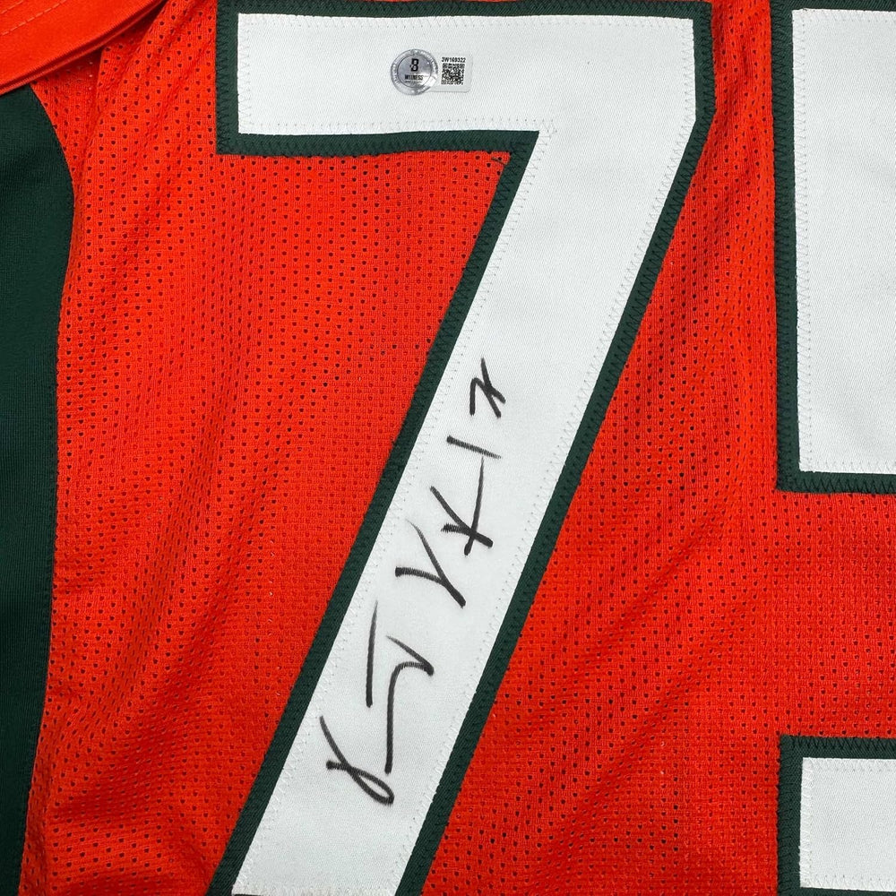 Framed Autographed/Signed Vince Wilfork 35x39 Miami Orange College Football Jersey Beckett BAS COA