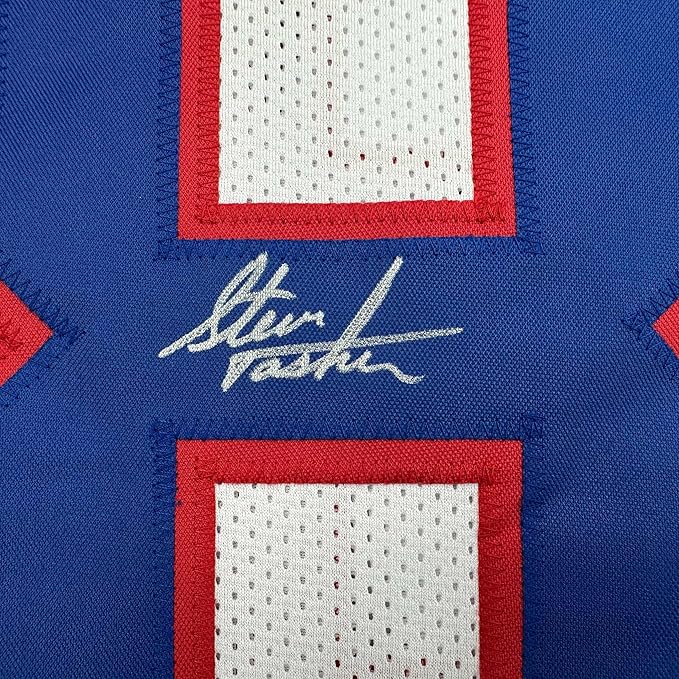 Framed Autographed/Signed Steve Tasker 35x39 Buffalo White Football Jersey JSA COA