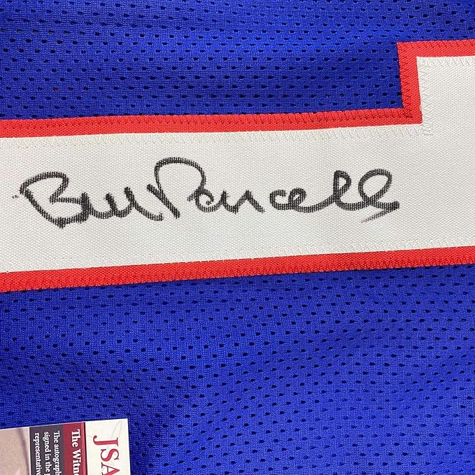 Framed Autographed/Signed Bill Parcells 35x39 New York Blue Stat Football Jersey JSA COA