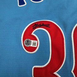 Framed Autographed/Signed Kyle Tucker 35x39 Chicago Blue Baseball Jersey Beckett BAS COA