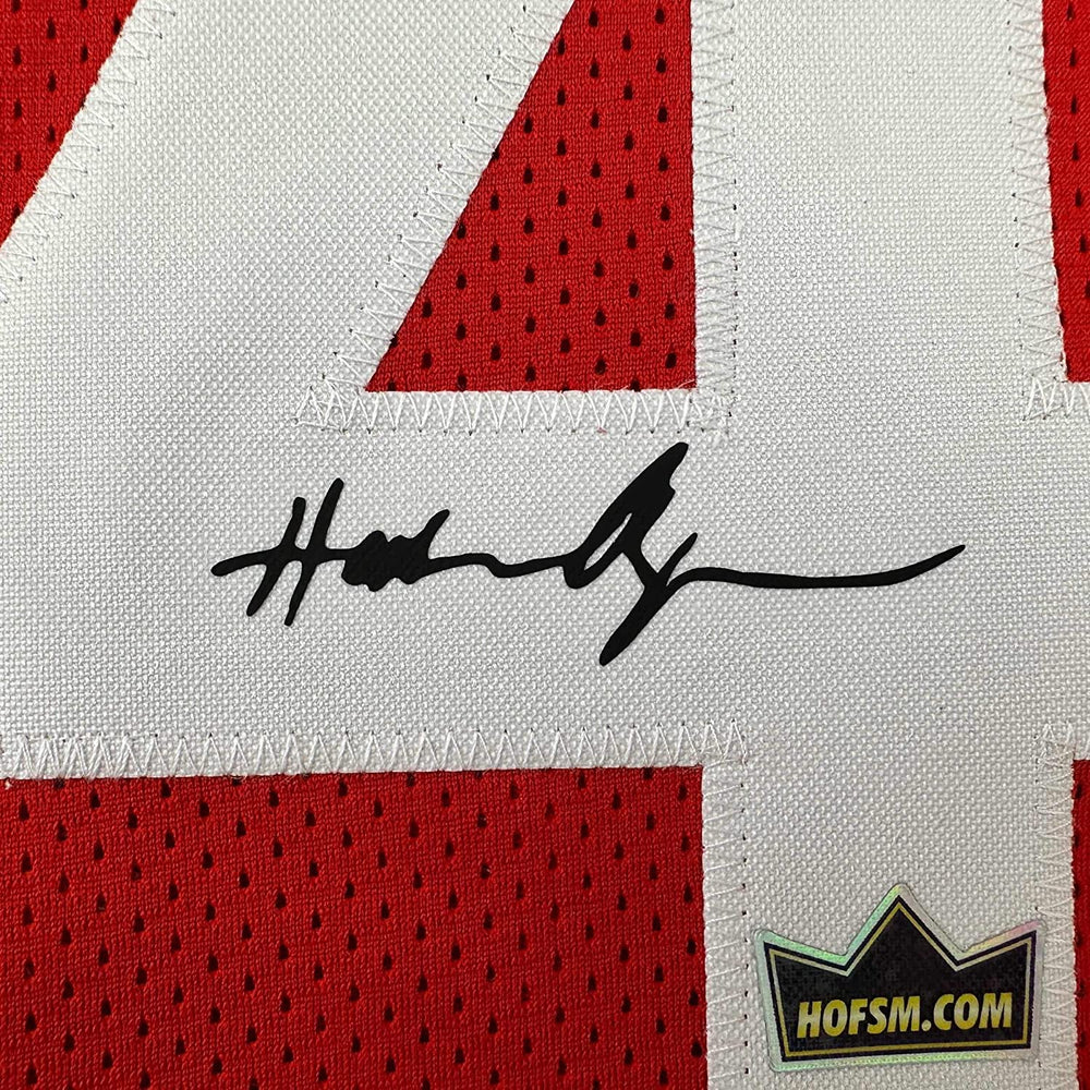 Framed Facsimile Autographed Hakeem Olajuwon 35x39 Houston Red Reprint Laser Auto Basketball Jersey (ONLINE ORDER ONLY)