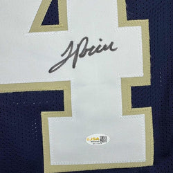 Framed Autographed/Signed JaDarian Price 35x39 Notre Dame Blue College Football Jersey JSA COA