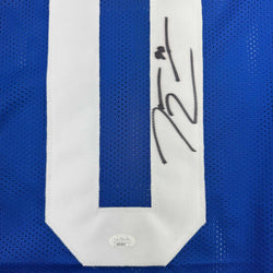 Framed Autographed/Signed DeMarcus Lawrence 35x39 Seattle Blue Retro Football Jersey Beckett BAS COA