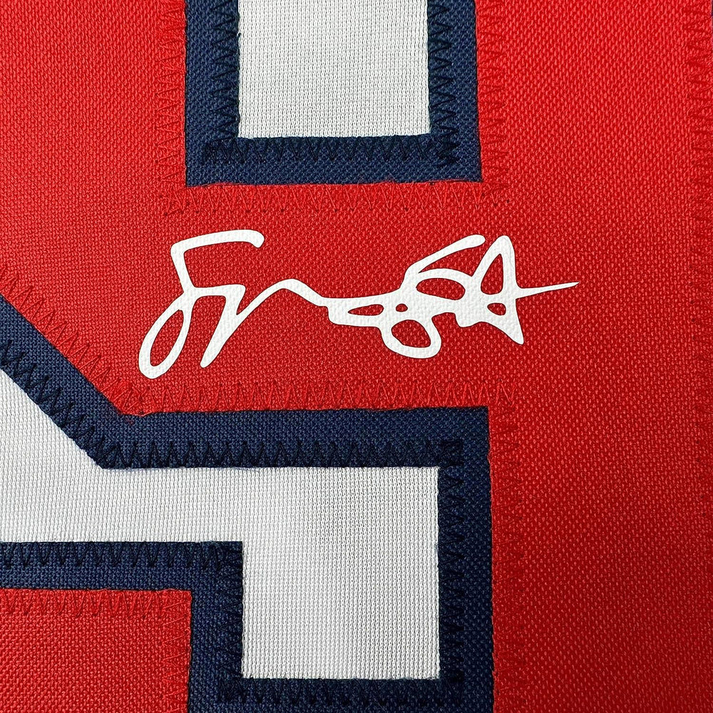 Framed Facsimile Autographed Spencer Strider 35x39 Atlanta White Reprint Laser Auto Baseball Jersey (ONLINE ORDER ONLY)