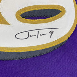 Framed Autographed/Signed Justin Tucker 35x39 66 Yard GW FG Stat Baltimore Purple Football Jersey JSA COA