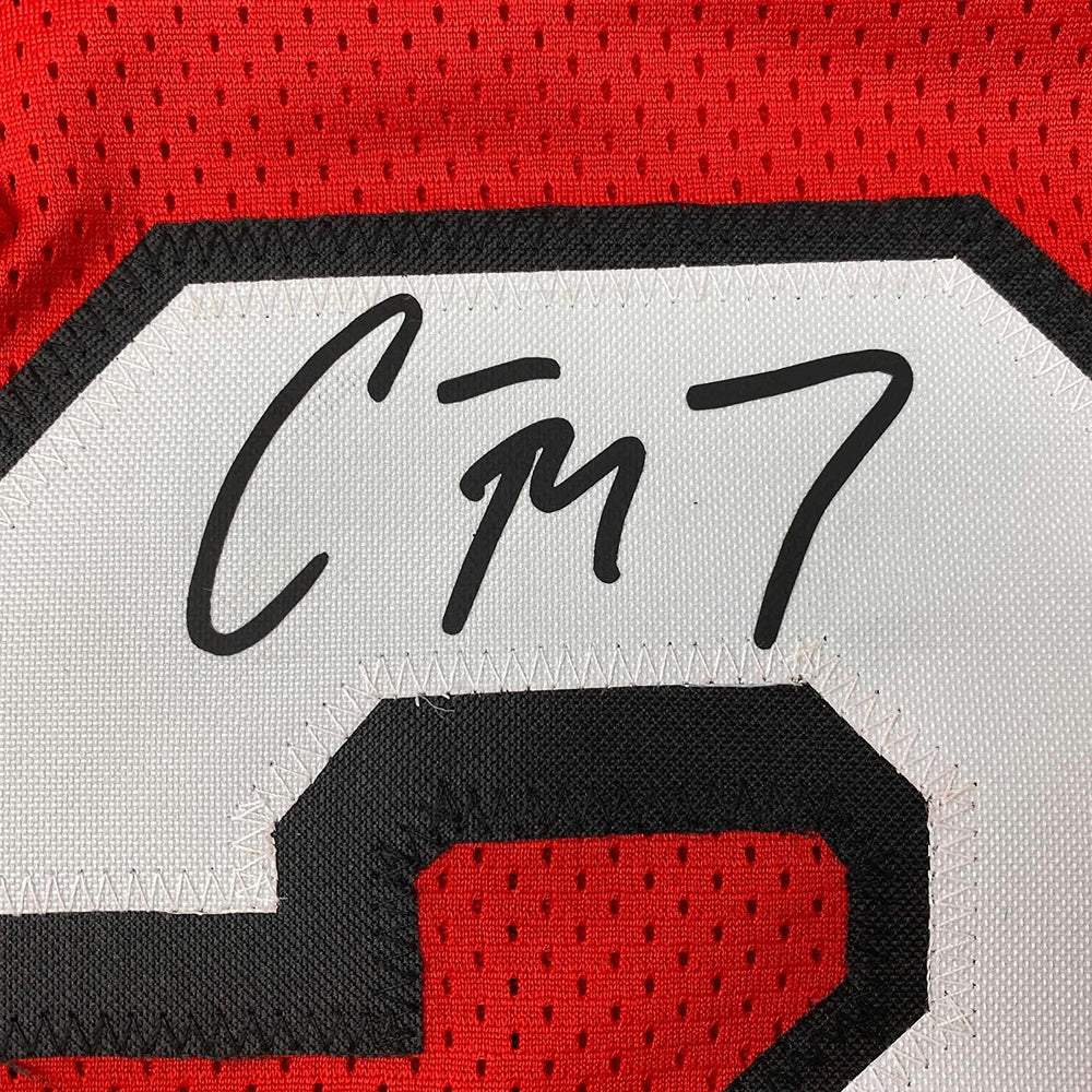 Framed Facsimile Autographed Christian McCaffrey 35x39 San Francisco Red Alternate Reprint Laser Auto Football Jersey (ONLINE ORDER ONLY)