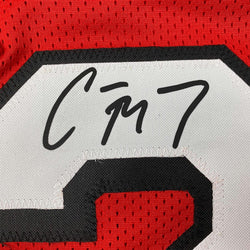 Framed Facsimile Autographed Christian McCaffrey 35x39 San Francisco Red Alternate Reprint Laser Auto Football Jersey (ONLINE ORDER ONLY)