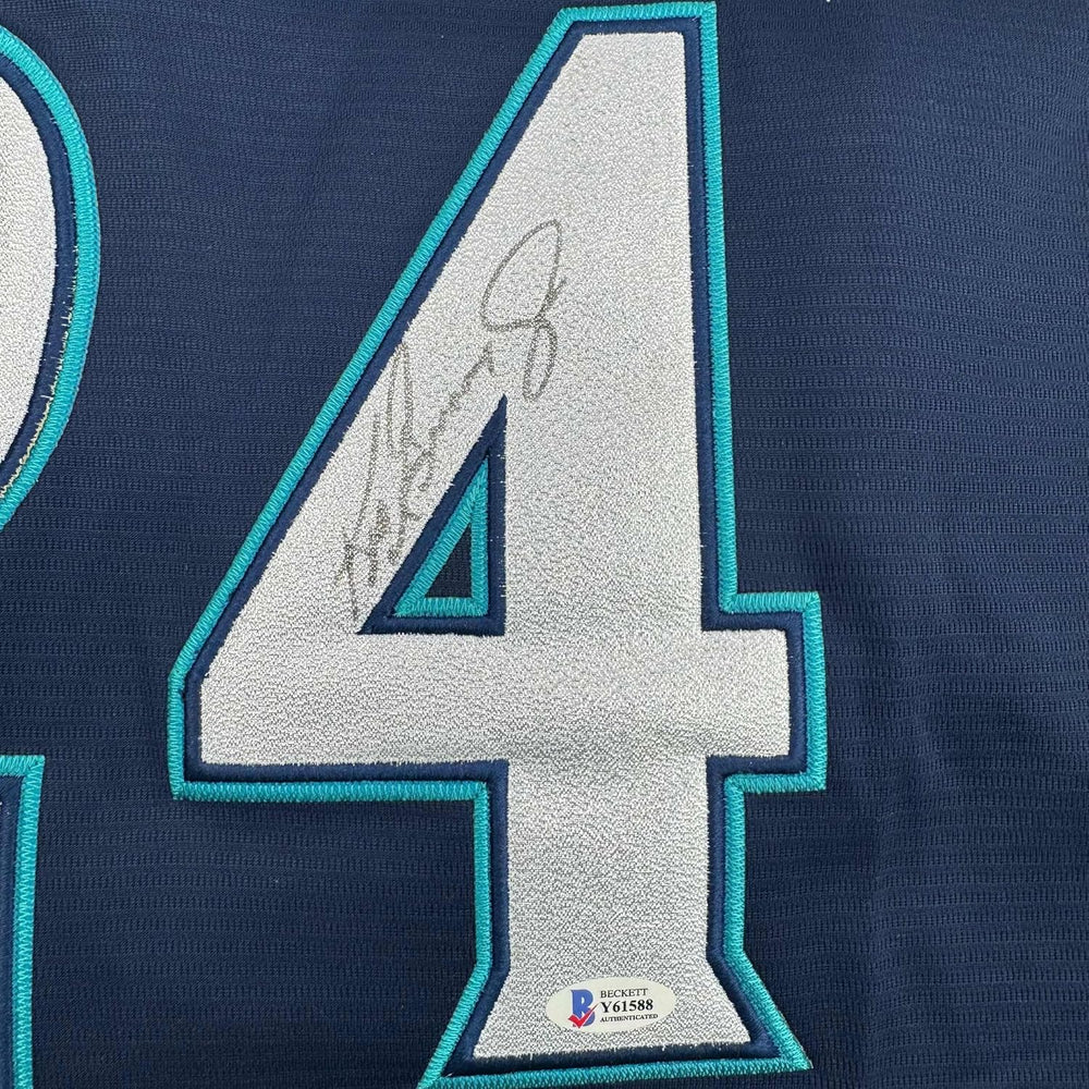 Framed Autographed/Signed Ken Griffey Jr. 35x39 Seattle Blue Baseball Jersey Beckett BAS COA