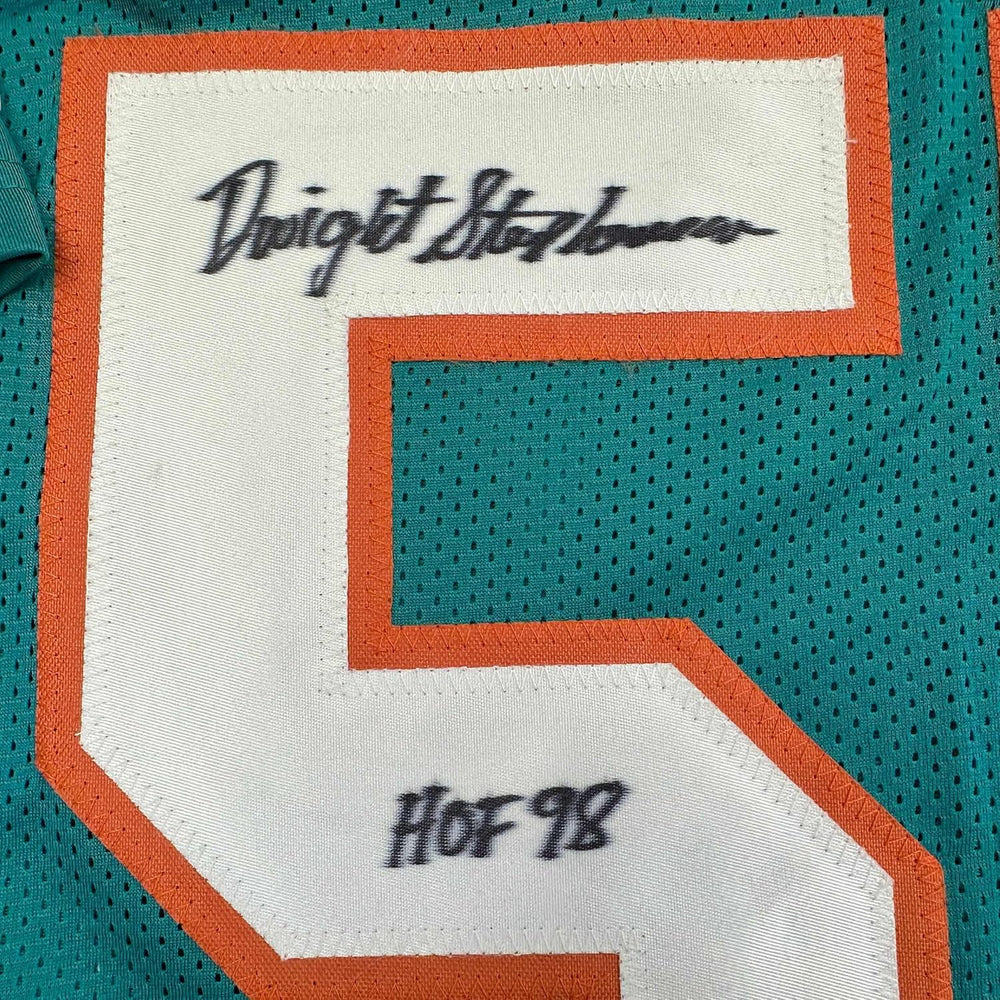 Framed Autographed/Signed Dwight Stephenson 35x39 HOF 98 Miami Teal Football Jersey JSA COA