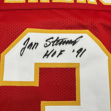 Framed Autographed/Signed Jan Stenerud 35x39 HOF 91 Kansas City Red Football Jersey JSA COA