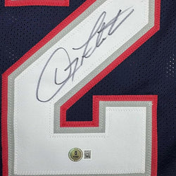 Framed Autographed/Signed Doug Flutie 35x39 New England Blue Football Jersey Beckett BAS COA