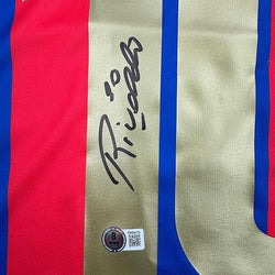 Framed Autographed/Signed Rivaldo 35x39 Ferreira FC Barcelona Blue Soccer Jersey Beckett BAS COA