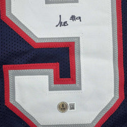 Framed Autographed/Signed Kayshon Boutte 35x39 New England Blue Football Jersey Beckett BAS COA