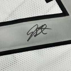 Framed Autographed/Signed Geno Smith 35x39 Oakland White Color Rush Football Jersey Beckett BAS COA
