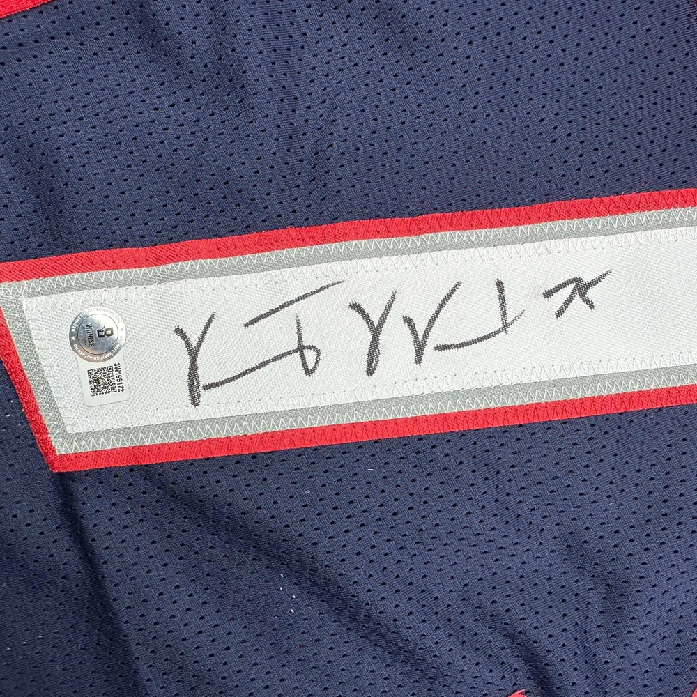 Framed Autographed/Signed Vince Wilfork 35x39 New England Blue Football Jersey Beckett BAS COA (ONLINE ORDER ONLY)