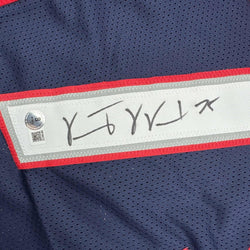 Framed Autographed/Signed Vince Wilfork 35x39 New England Blue Football Jersey Beckett BAS COA (ONLINE ORDER ONLY)