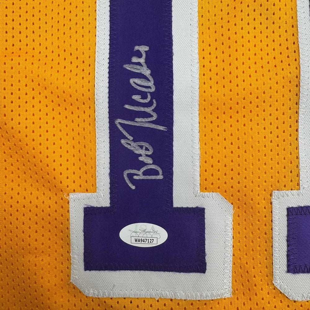 Framed Autographed/Signed Bob McAdoo 35x39 Los Angeles Yellow Basketball Jersey JSA COA