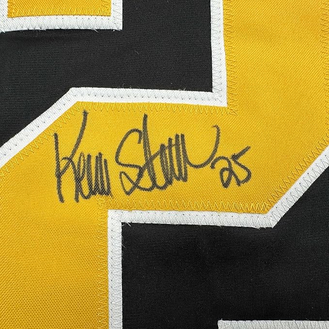 Framed Autographed/Signed Kevin Stevens 35x39 Pittsburgh Black Hockey Jersey JSA COA