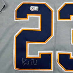 Framed Autographed/Signed Kirk Gibson 35x39 Detroit Tigers Grey Baseball Jersey Beckett BAS COA