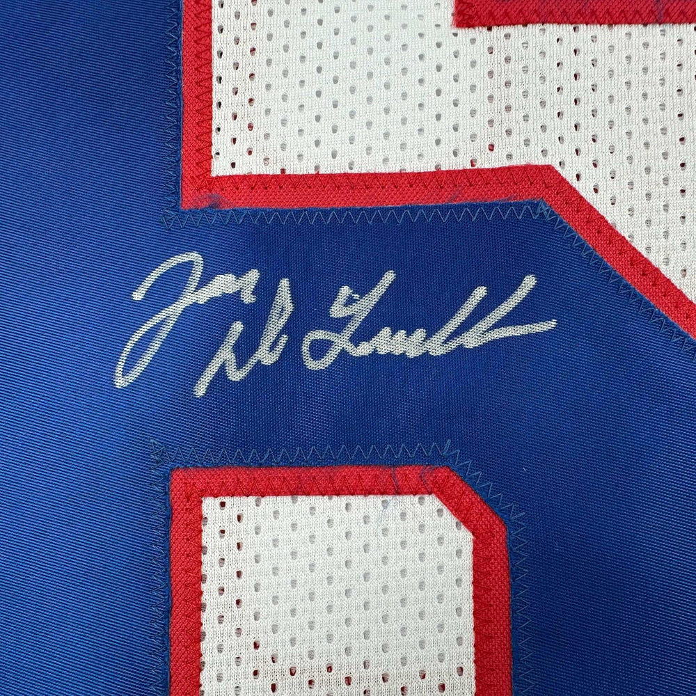 Framed Autographed/Signed Joe DeLamielleure 35x39 Buffalo White Football Jersey JSA COA