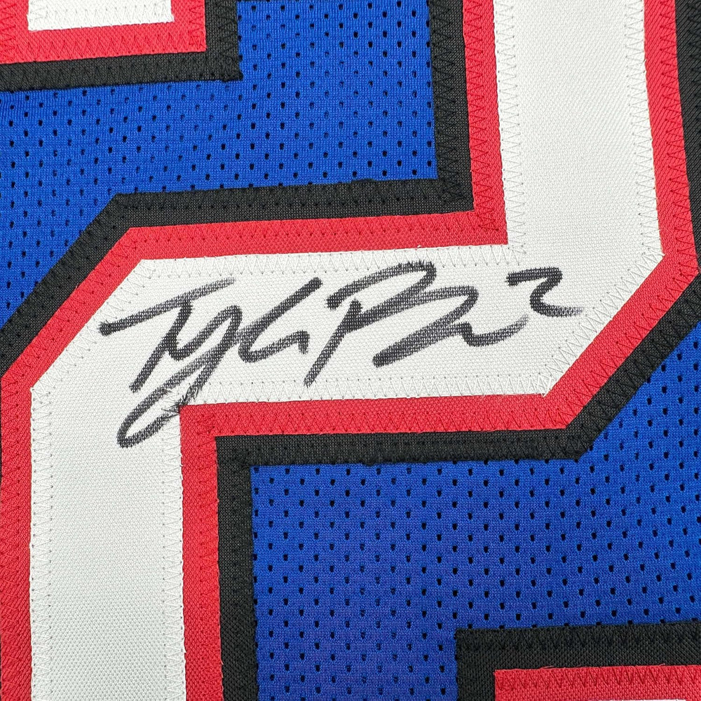 Framed Autographed/Signed Tyler Bass 35x39 Buffalo Blue Football Jersey JSA COA