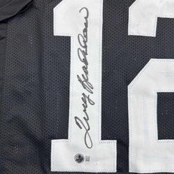 Framed Autographed/Signed Terry Bradshaw 35x39 Pittsburgh Black Football Jersey Beckett BAS COA