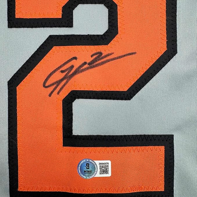 Framed Autographed/Signed Gunnar Henderson 35x39 Baltimore Grey Baseball Jersey Beckett BAS COA