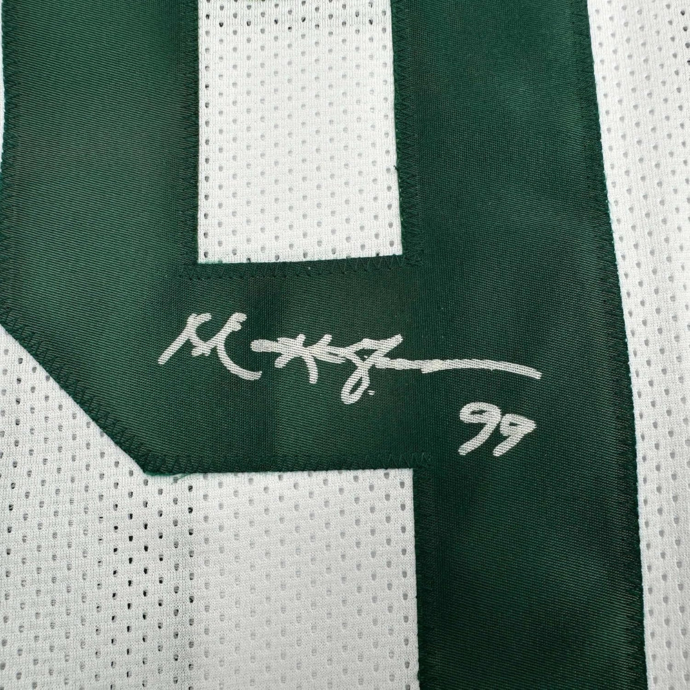 Framed Autographed/Signed Mark Gastineau 35x39 New York White Football Jersey JSA COA