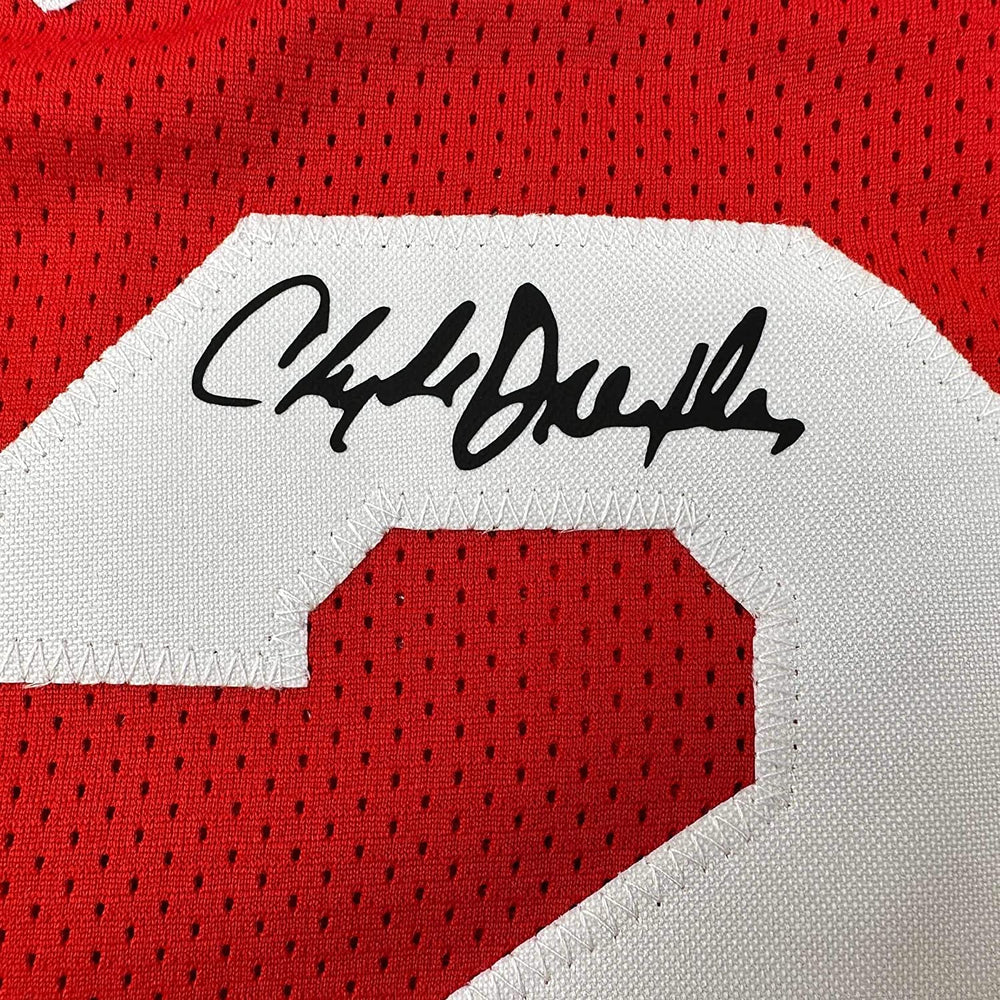 Framed Facsimile Autographed Clyde Drexler 35x39 Houston Red Reprint Laser Auto Basketball Jersey (ONLINE ORDER ONLY)