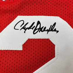 Framed Facsimile Autographed Clyde Drexler 35x39 Houston Red Reprint Laser Auto Basketball Jersey (ONLINE ORDER ONLY)